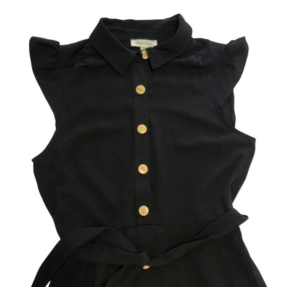 Monteau Ruffled Cap Wing Sleeve Midi Dress Wood Buttons Tie Waist Black Medium - Picture 2 of 8